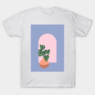 Monstera plant and arched window - blue T-Shirt